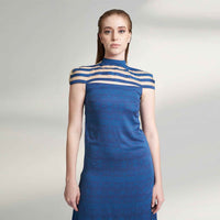 Close-up front view of the long navy blue dress showing the sheer striped neckline detail