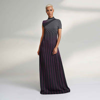 Front view of the long black pinstripe dress with a curved stripe pattern and mock neck