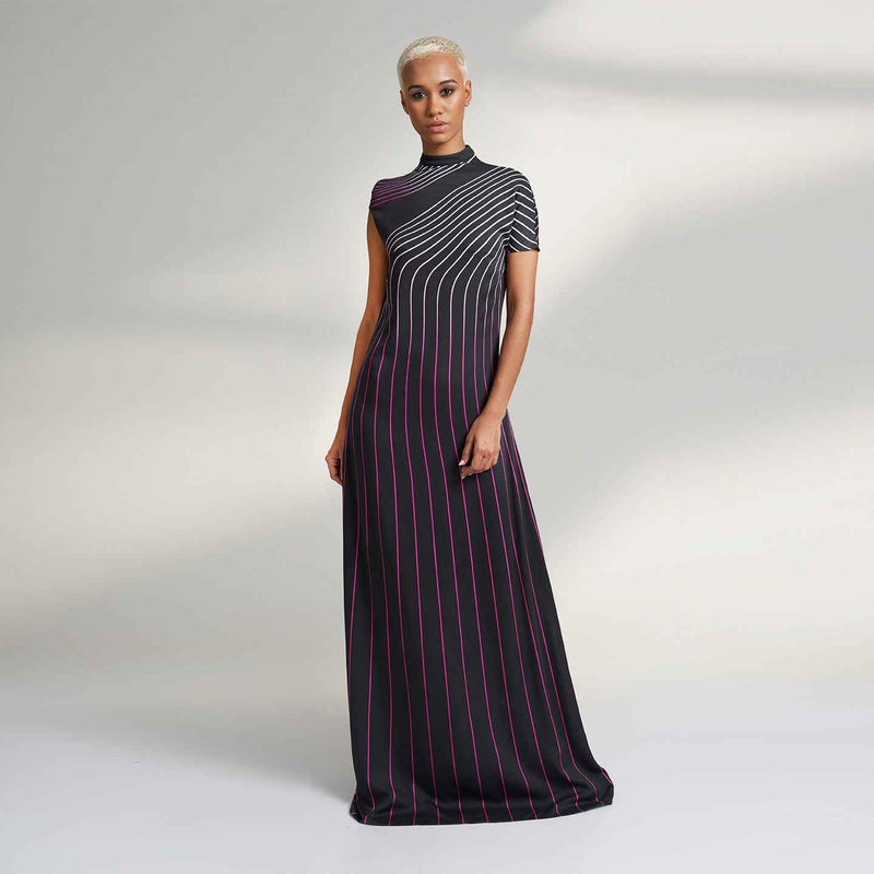 Front view of the long black pinstripe dress with a curved stripe pattern and mock neck