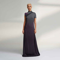 Angled front view of the long black pinstripe dress