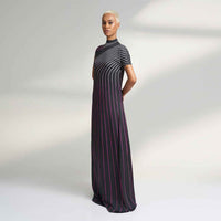 Angled side view of the long black pinstripe dress