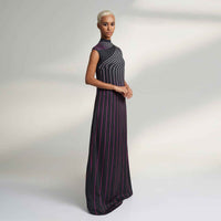 Side view of the long black pinstripe dress
