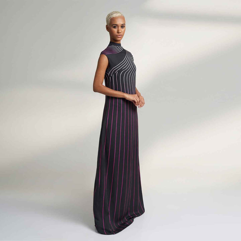 Side view of the long black pinstripe dress