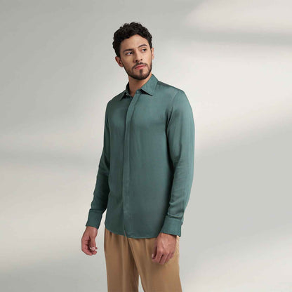 ORGANIC SOLID SAGE GREEN MENS DRESS SHIRT - House of Parvi ORGANIC SOLID SAGE GREEN MENS DRESS SHIRT - House of Parvi