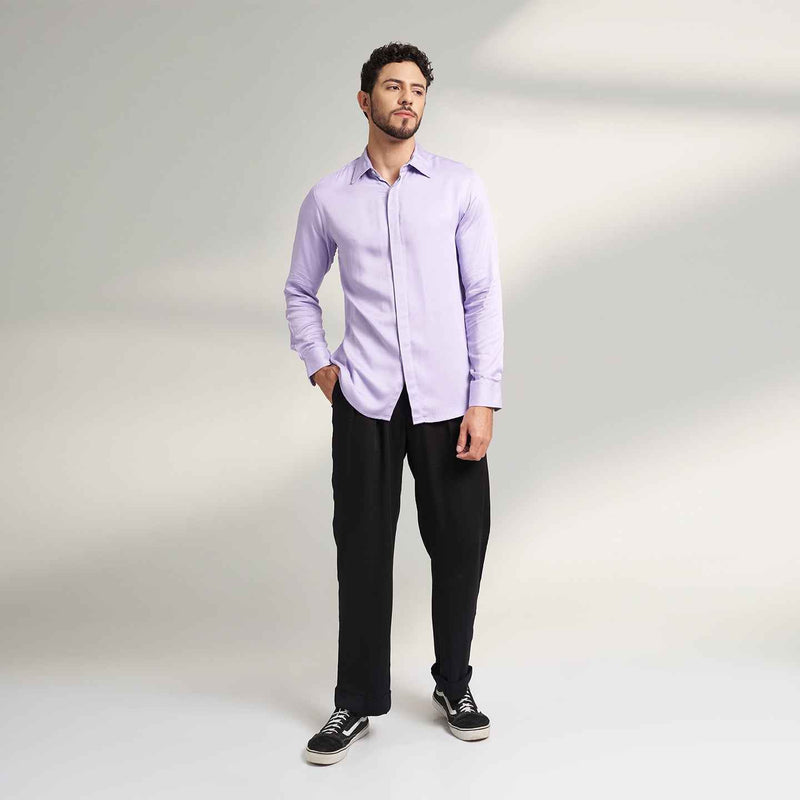 Front view of the solid lilac purple shirt and black trousers