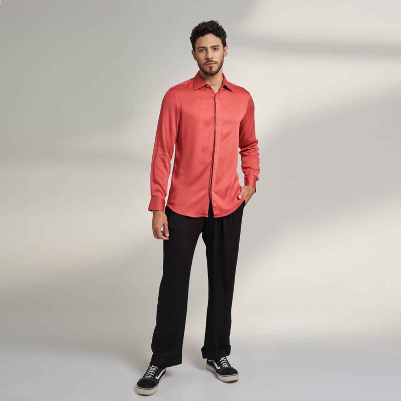 Front view of the solid crimson red shirt and black trousers