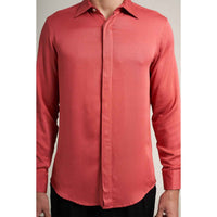 Close-up front view of the solid crimson red shirt