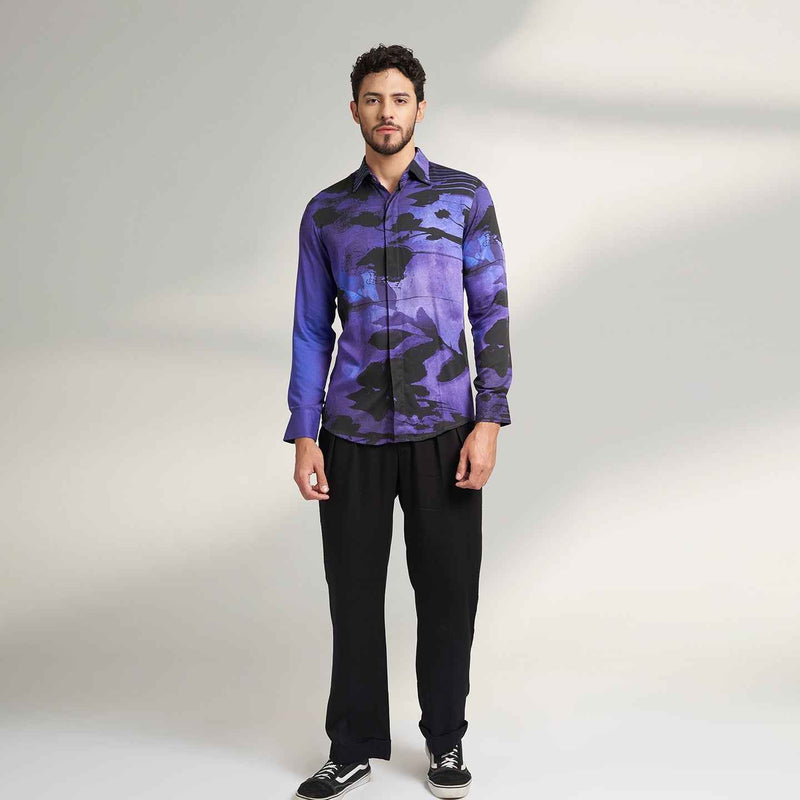 Front view of the purple and black abstract floral print shirt and black trousers