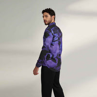 Side view of the purple and black abstract floral print shirt with black trousers