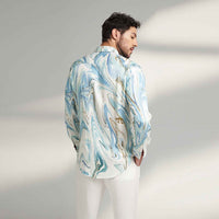 Back view of the blue and white marbled print shirt