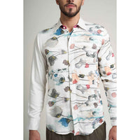 Close-up front view of the white floral watercolor print shirt fabric