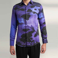Close-up front view of the purple and black abstract floral print shirt fabric