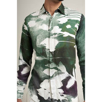 Close-up front view of the sea green and white abstract print shirt fabric