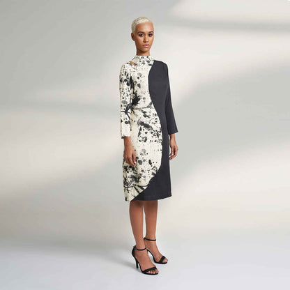 ORGANIC LOTUS FABRIC BLACK MIDI COCKTAIL DRESS