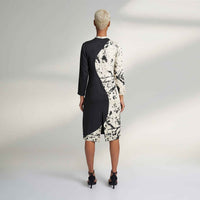 Back view of the colorblock midi dress with a splatter print panel