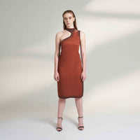 Front view of the maroon fitted midi dress with an asymmetric shoulder cutout