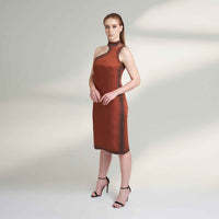 Angled front view of the maroon midi dress with an asymmetric shoulder cutout