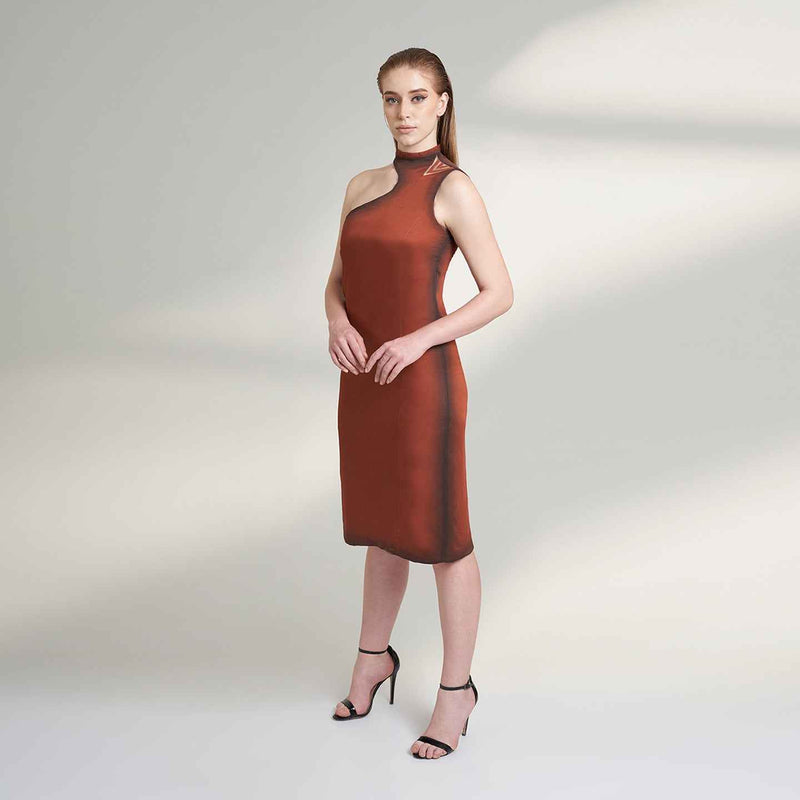 Angled front view of the maroon midi dress with an asymmetric shoulder cutout