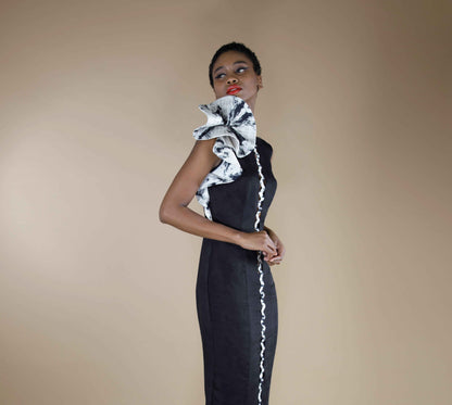 ORGANIC LOTUS STEM FABRIC BLACK FLORAL COCKTAIL DRESS