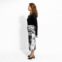 Side view of the abstract grey and black print culottes