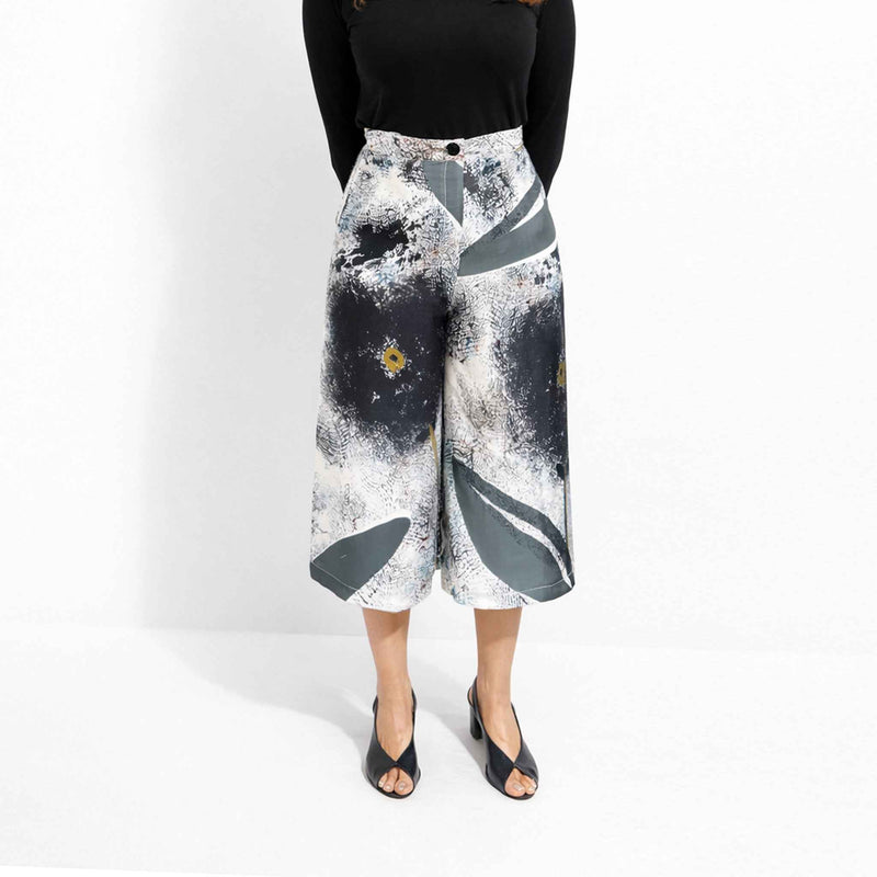 Close-up front view of the abstract print culottes showing the waistband and pattern detail